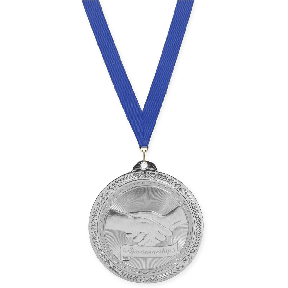 2 inch Sportsmanship Sunburst medal in bright silver with Blue neck ribbon