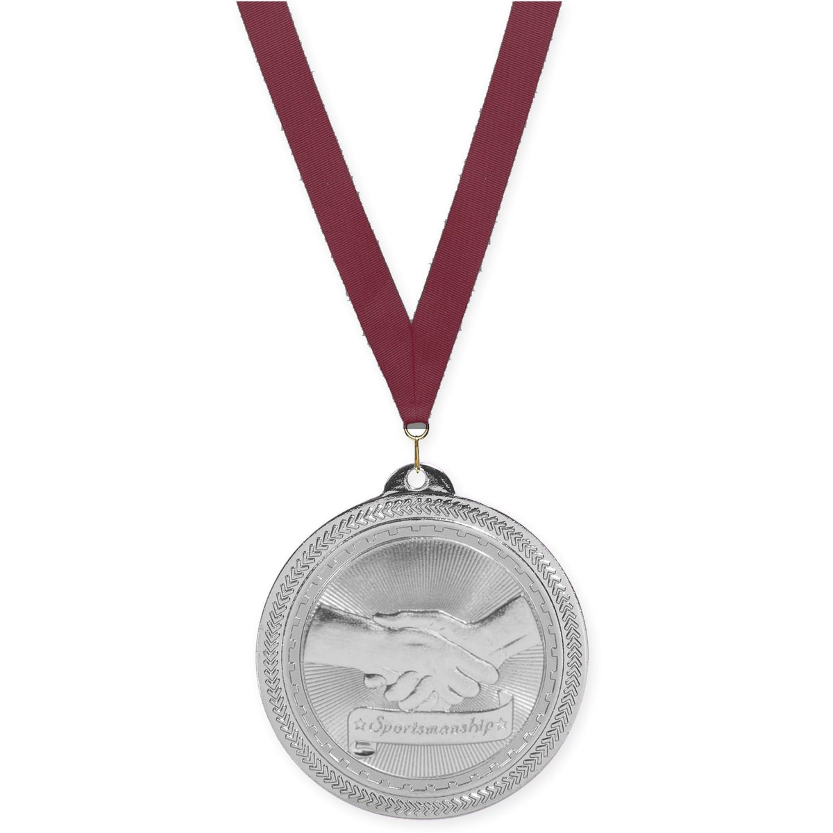 2 inch Sportsmanship Sunburst medal in bright silver with Maroon neck ribbon
