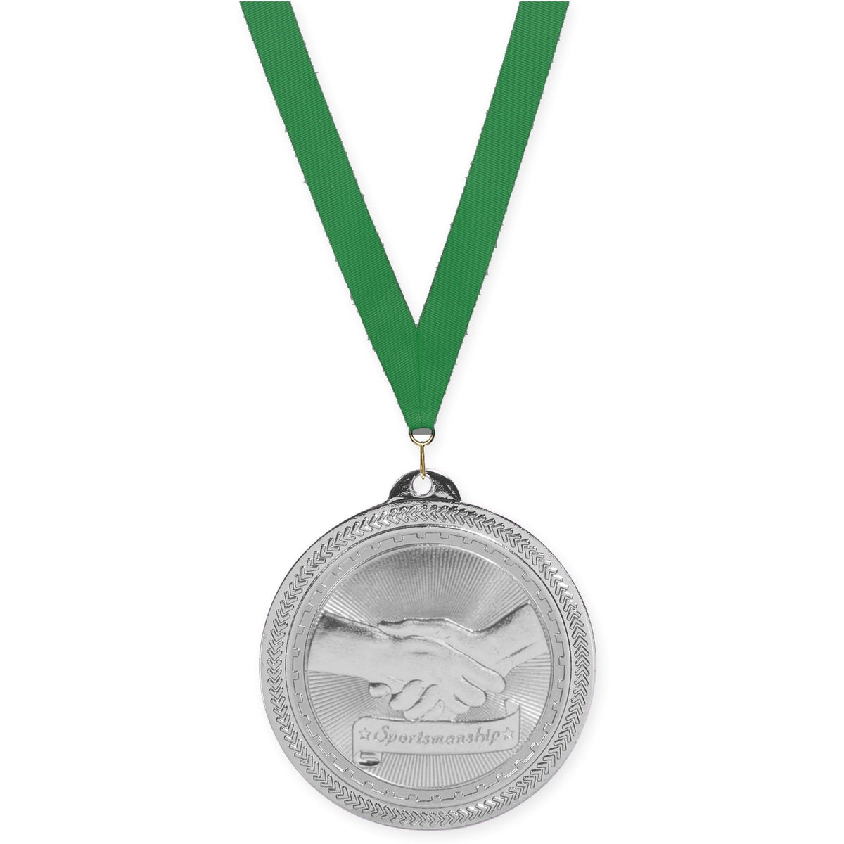 2 inch Sportsmanship Sunburst medal in bright silver with Green neck ribbon