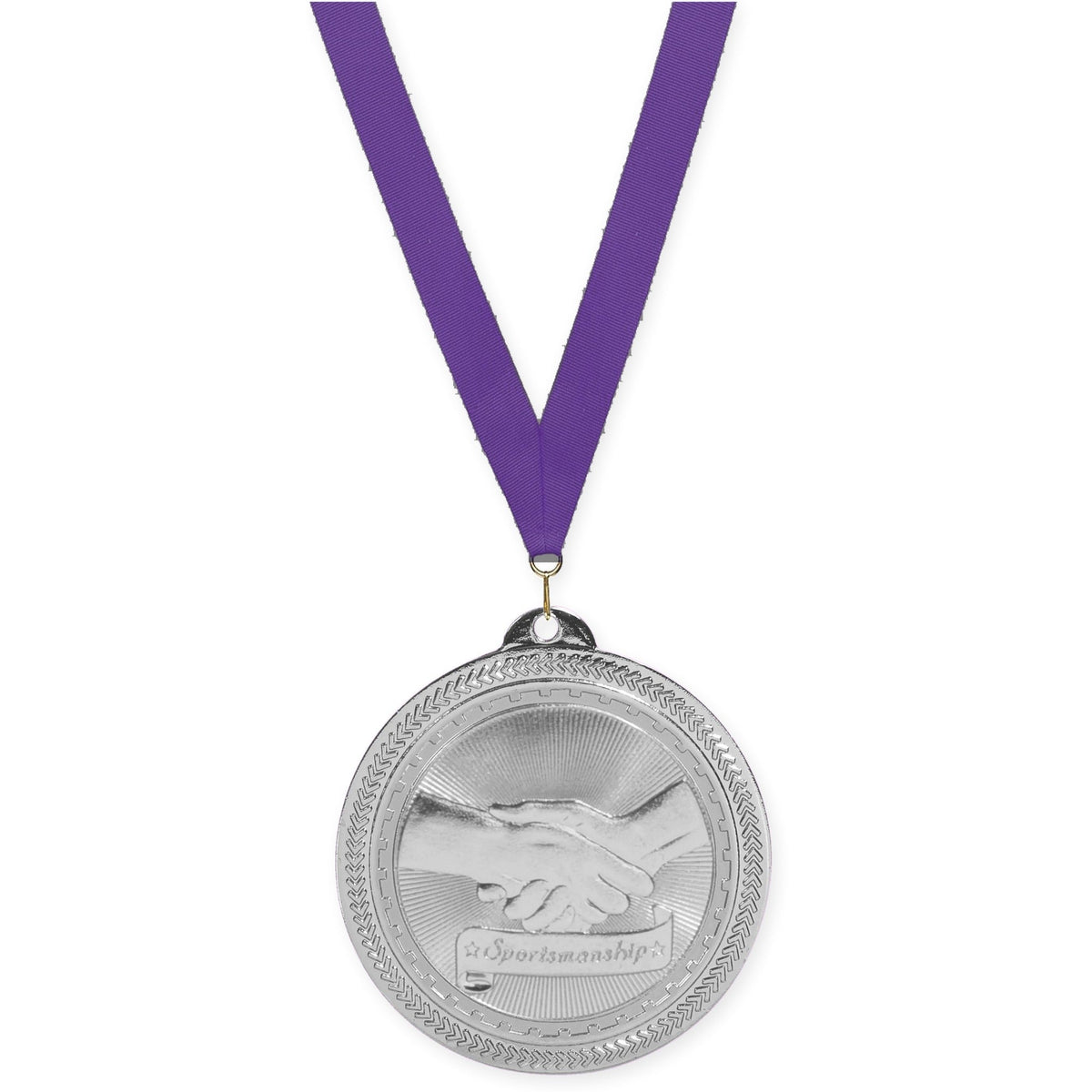 2 inch Sportsmanship Sunburst medal in bright silver with Purple neck ribbon
