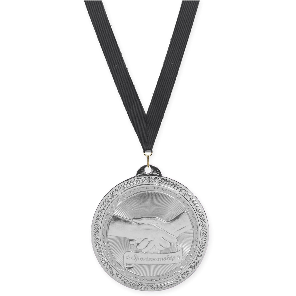 2 inch Sportsmanship Sunburst medal in bright silver with Black neck ribbon