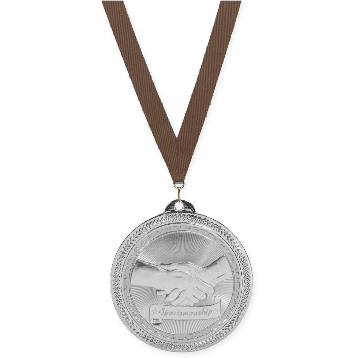 2 inch Sportsmanship Sunburst medal in bright silver with Brown neck ribbon