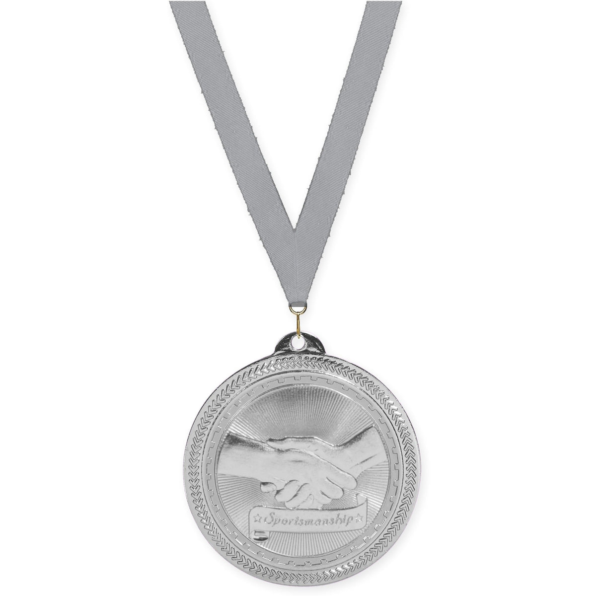 2 inch Sportsmanship Sunburst medal in bright silver with Gray neck ribbon