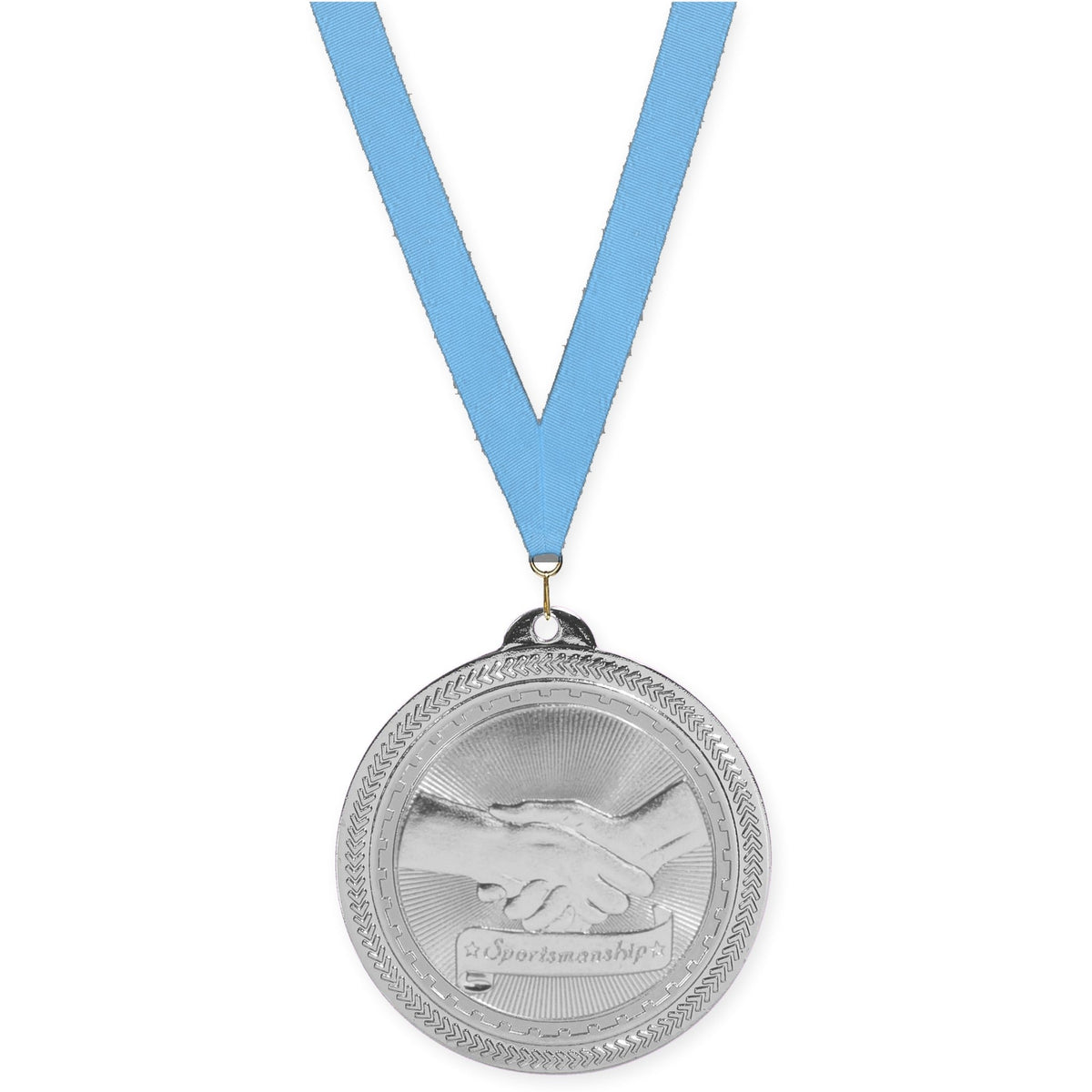 2 inch Sportsmanship Sunburst medal in bright silver with Light Blue neck ribbon