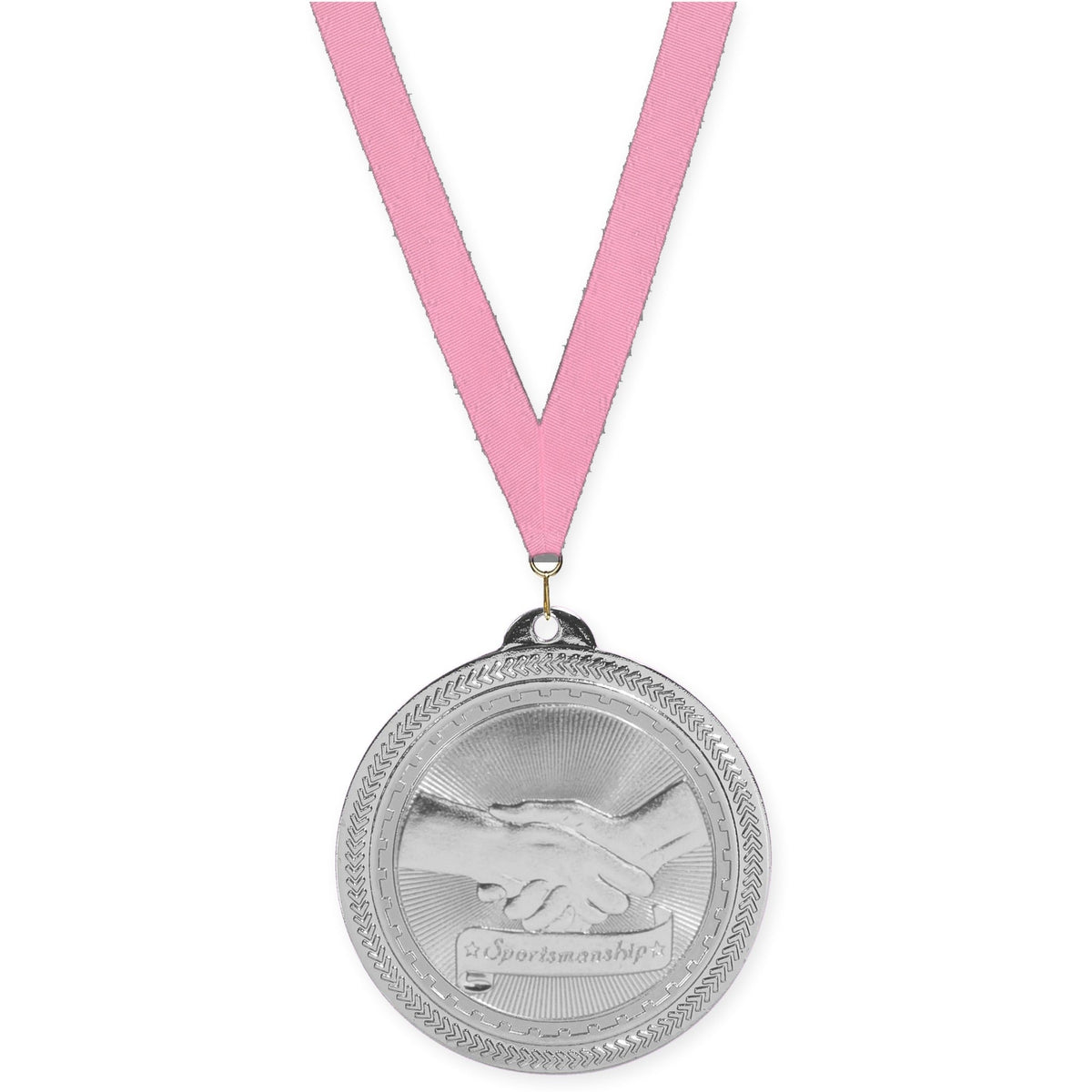 2 inch Sportsmanship Sunburst medal in bright silver with Pink neck ribbon