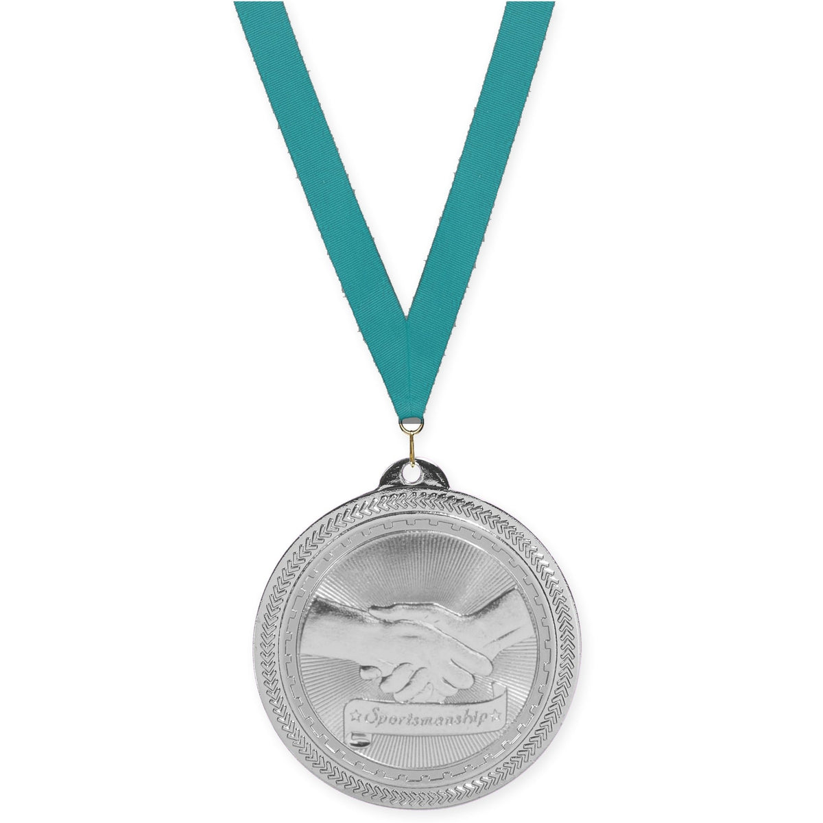 2 inch Sportsmanship Sunburst medal in bright silver with Teal neck ribbon