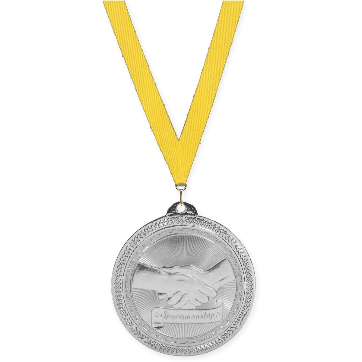 2 inch Sportsmanship Sunburst medal in bright silver with Yellow neck ribbon