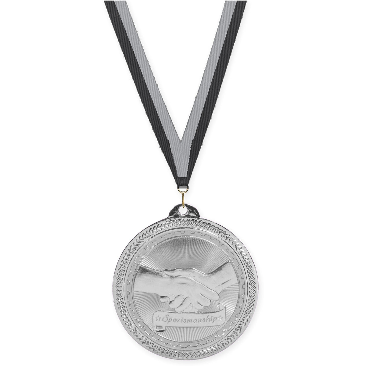 2 inch Sportsmanship Sunburst medal in bright silver with Black Gray neck ribbon