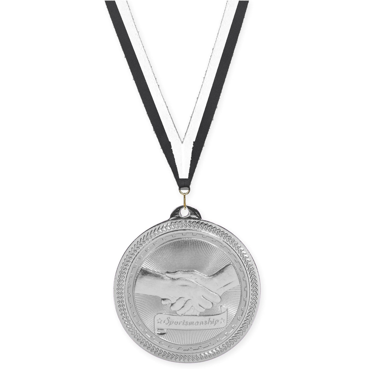 2 inch Sportsmanship Sunburst medal in bright silver with Black White neck ribbon