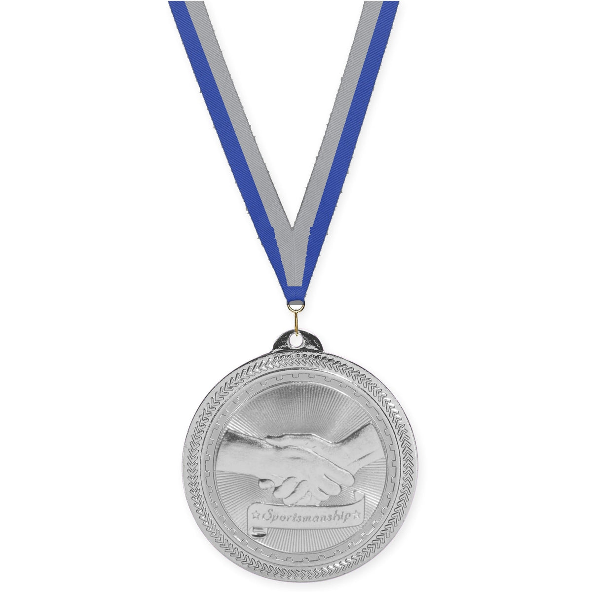 2 inch Sportsmanship Sunburst medal in bright silver with Blue Gray neck ribbon