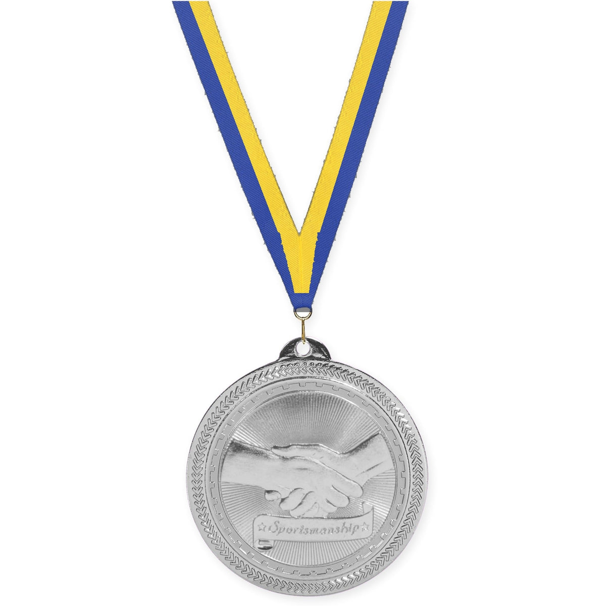 2 inch Sportsmanship Sunburst medal in bright silver with Blue Yellow neck ribbon