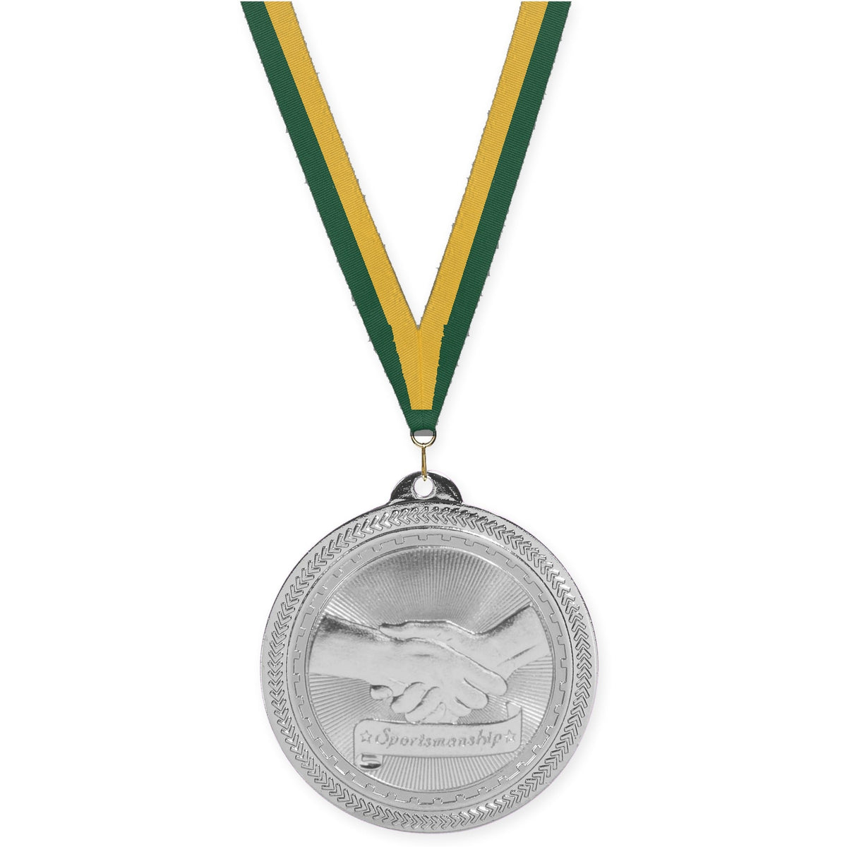 2 inch Sportsmanship Sunburst medal in bright silver with Hunter Green Gold neck ribbon