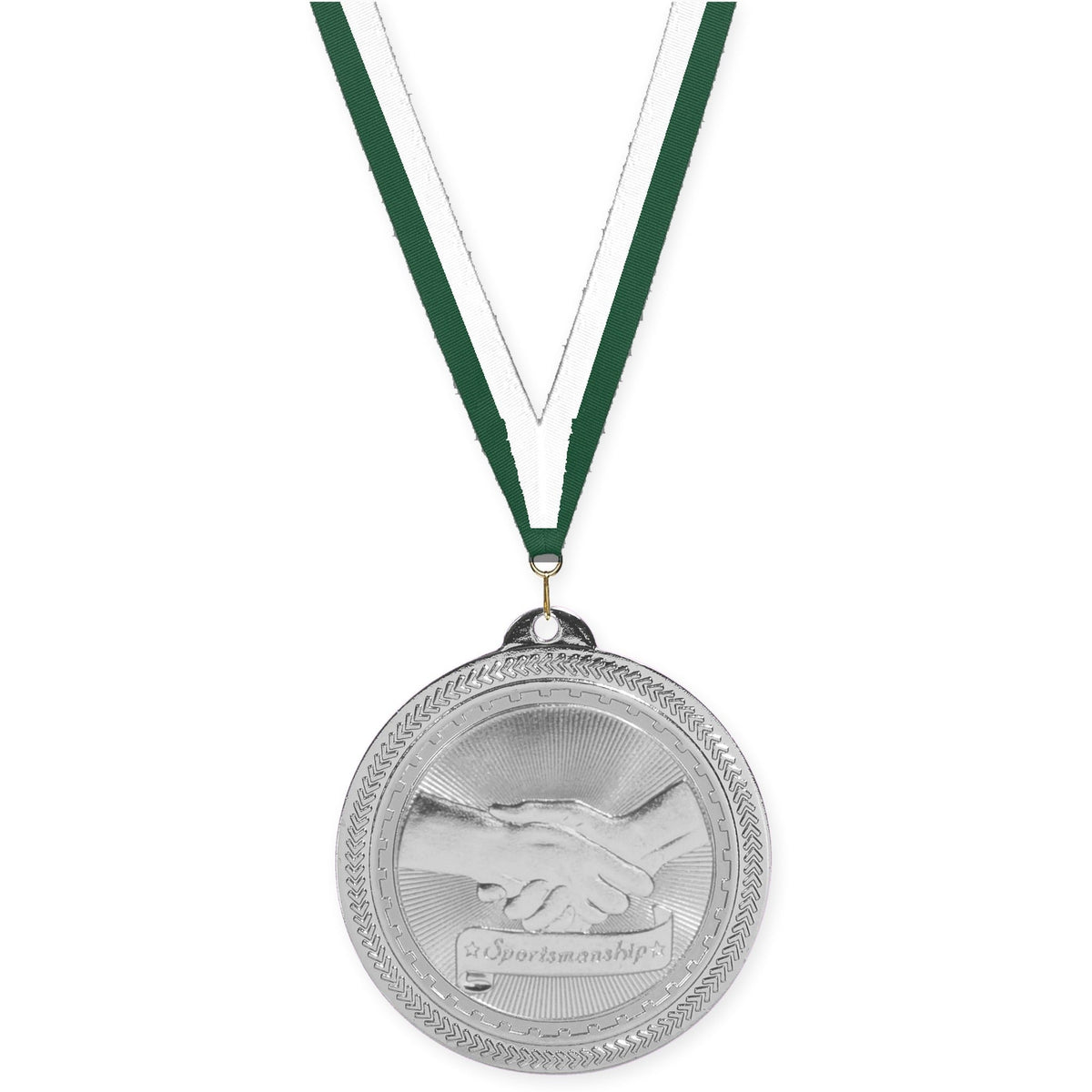 2 inch Sportsmanship Sunburst medal in bright silver with Hunter Green White neck ribbon