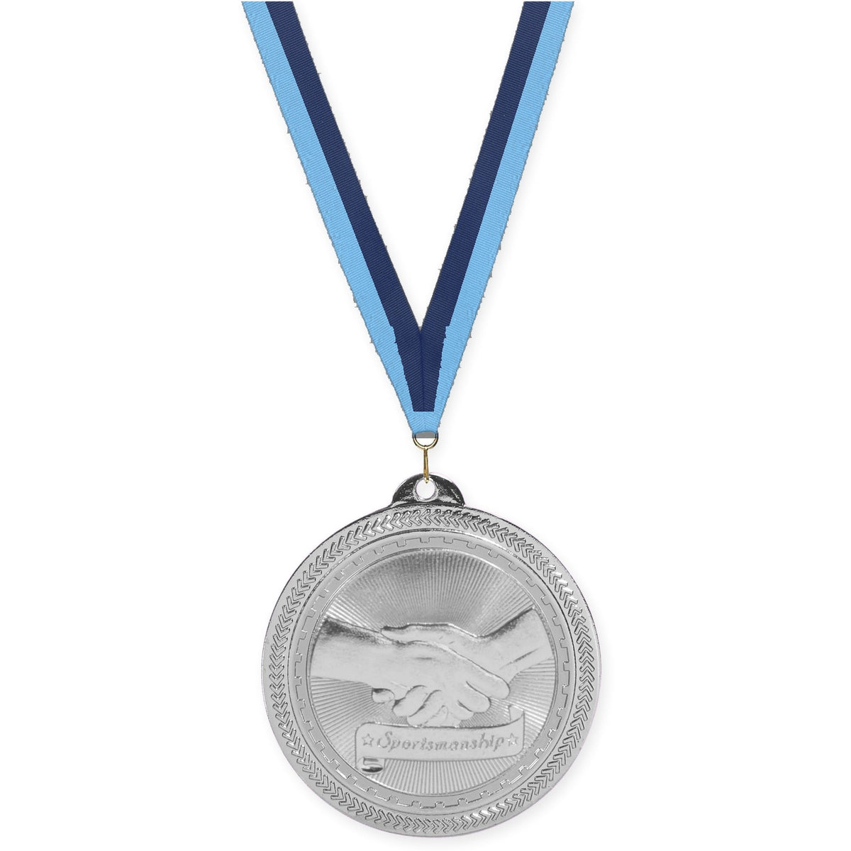 2 inch Sportsmanship Sunburst medal in bright silver with Light Blue Navy neck ribbon