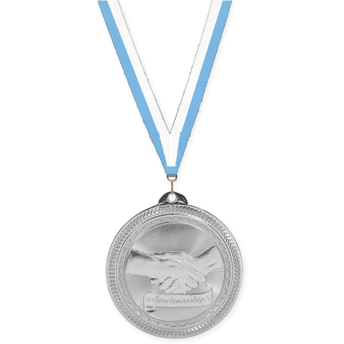 2 inch Sportsmanship Sunburst medal in bright silver with Light Blue White neck ribbon