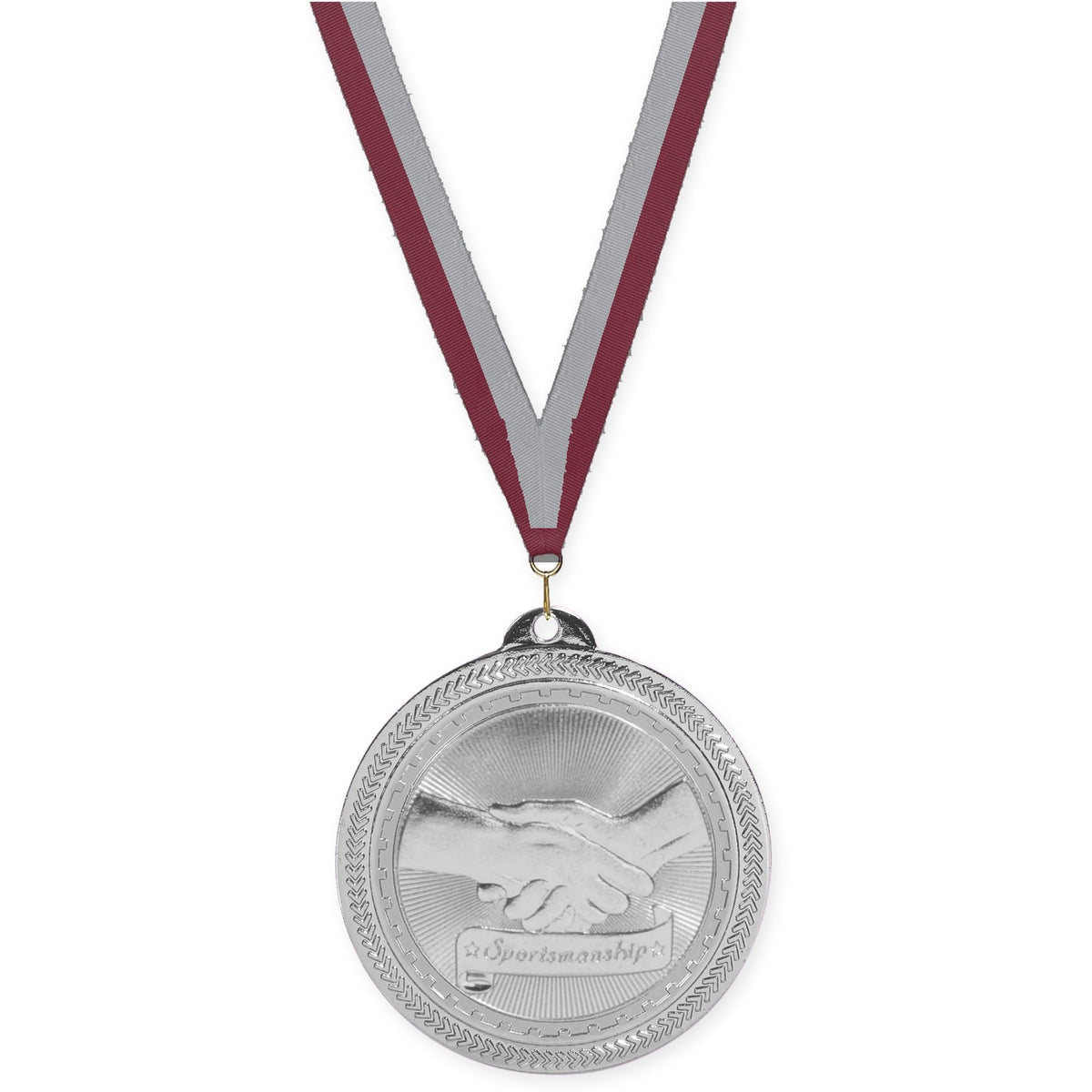 2 inch Sportsmanship Sunburst medal in bright silver with Maroon Gray neck ribbon
