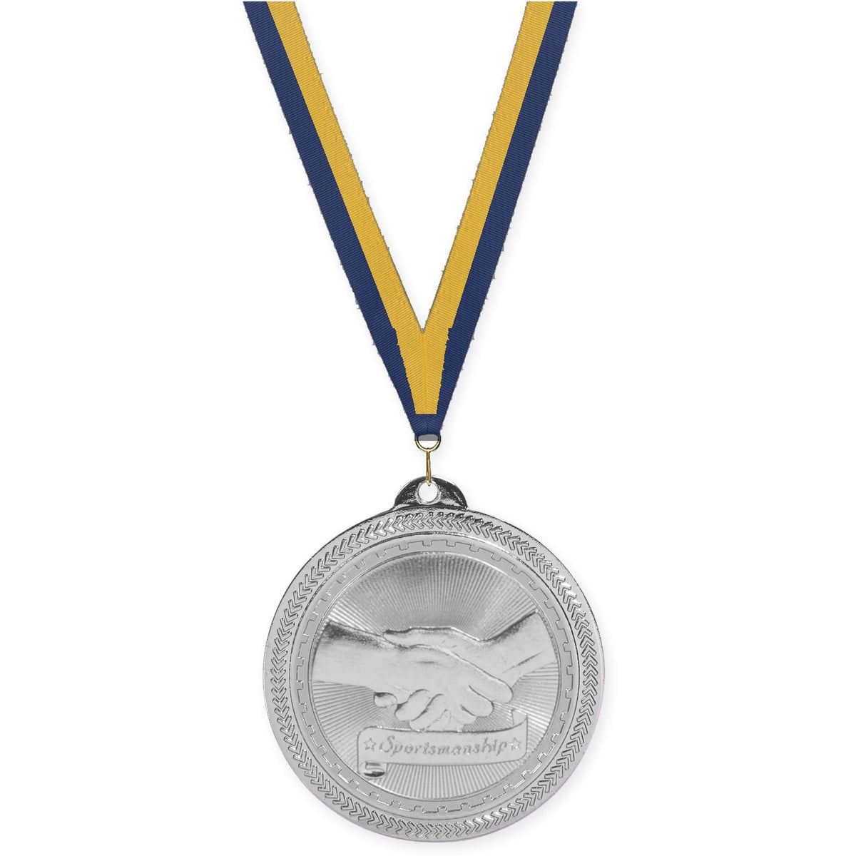 2 inch Sportsmanship Sunburst medal in bright silver with Navy Gold neck ribbon