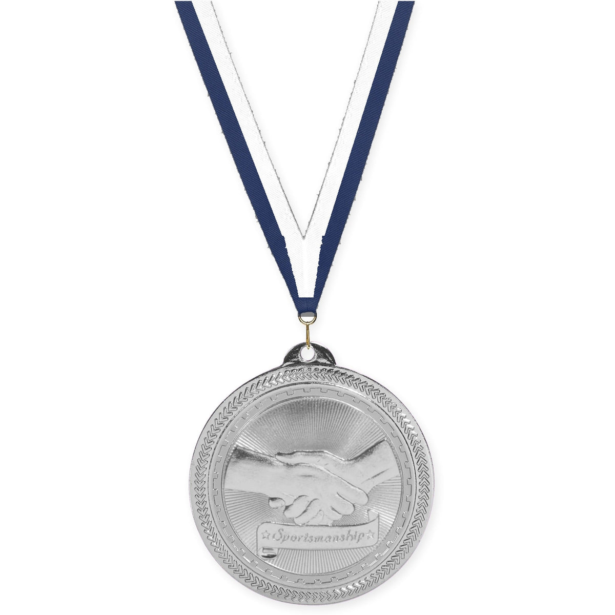 2 inch Sportsmanship Sunburst medal in bright silver with Navy White neck ribbon
