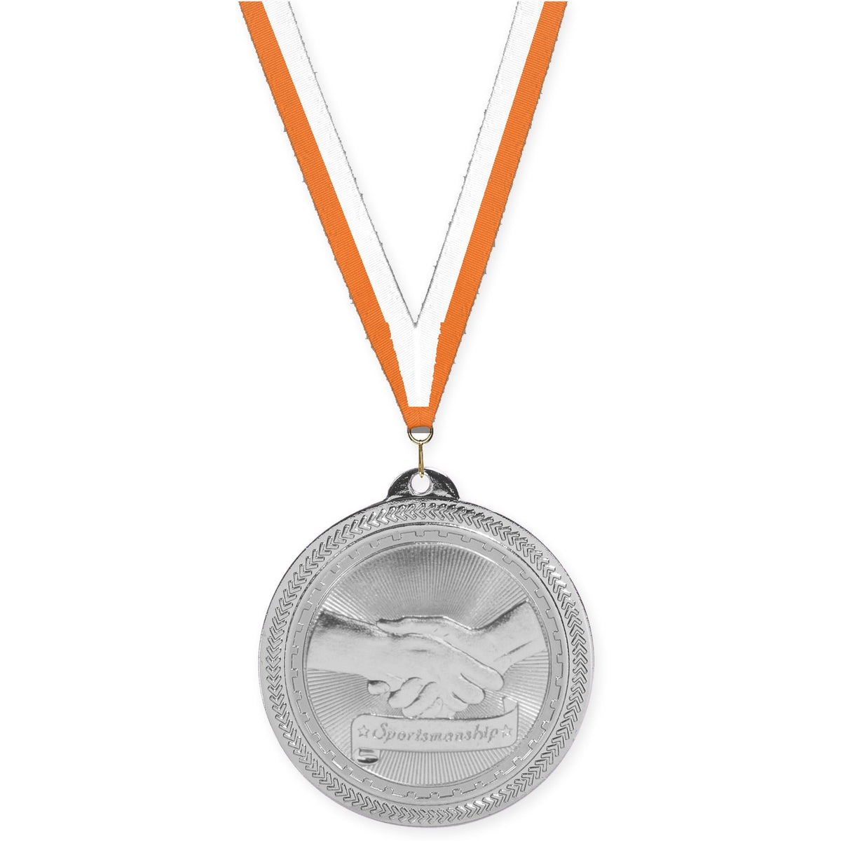 2 inch Sportsmanship Sunburst medal in bright silver with Orange White neck ribbon