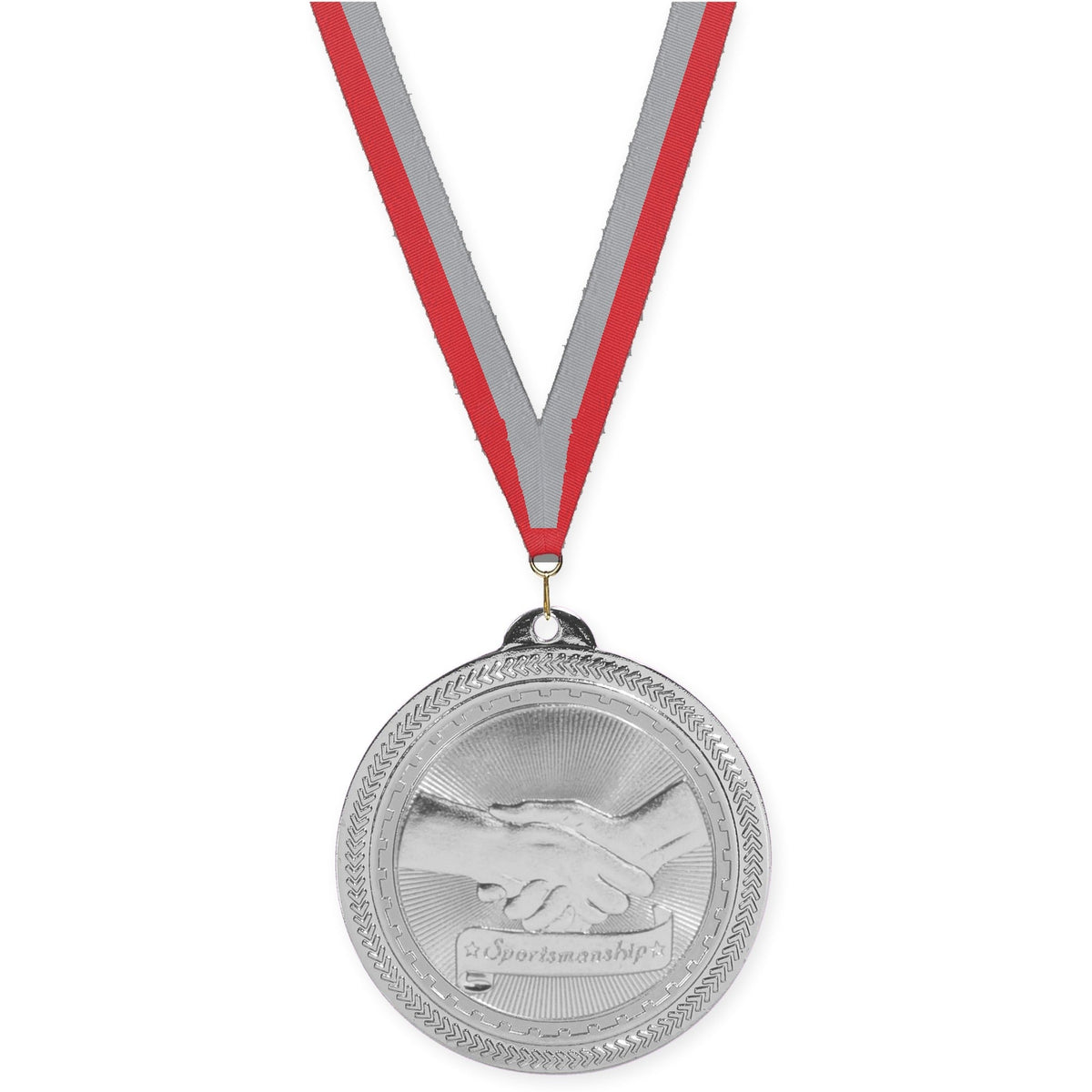 2 inch Sportsmanship Sunburst medal in bright silver with Red Gray neck ribbon