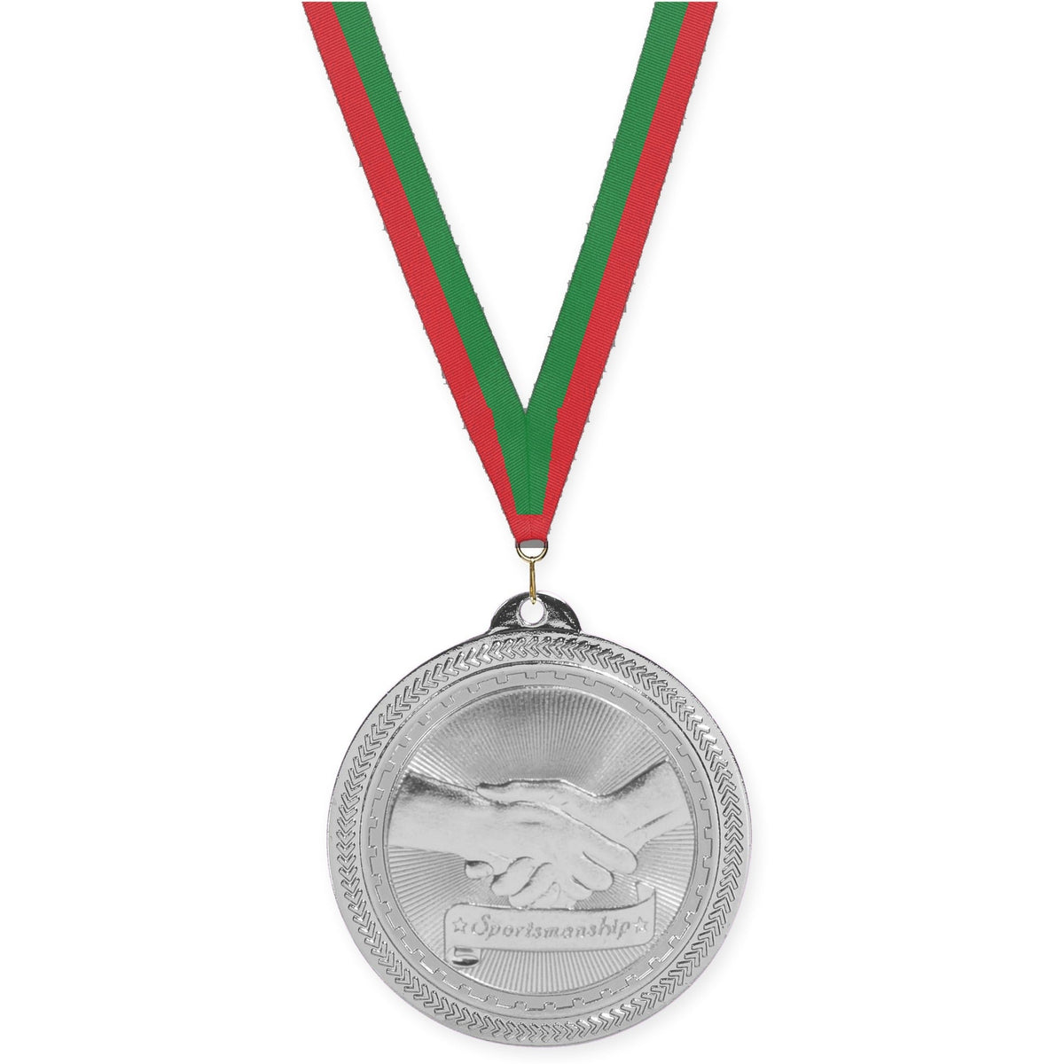 2 inch Sportsmanship Sunburst medal in bright silver with Red Green neck ribbon