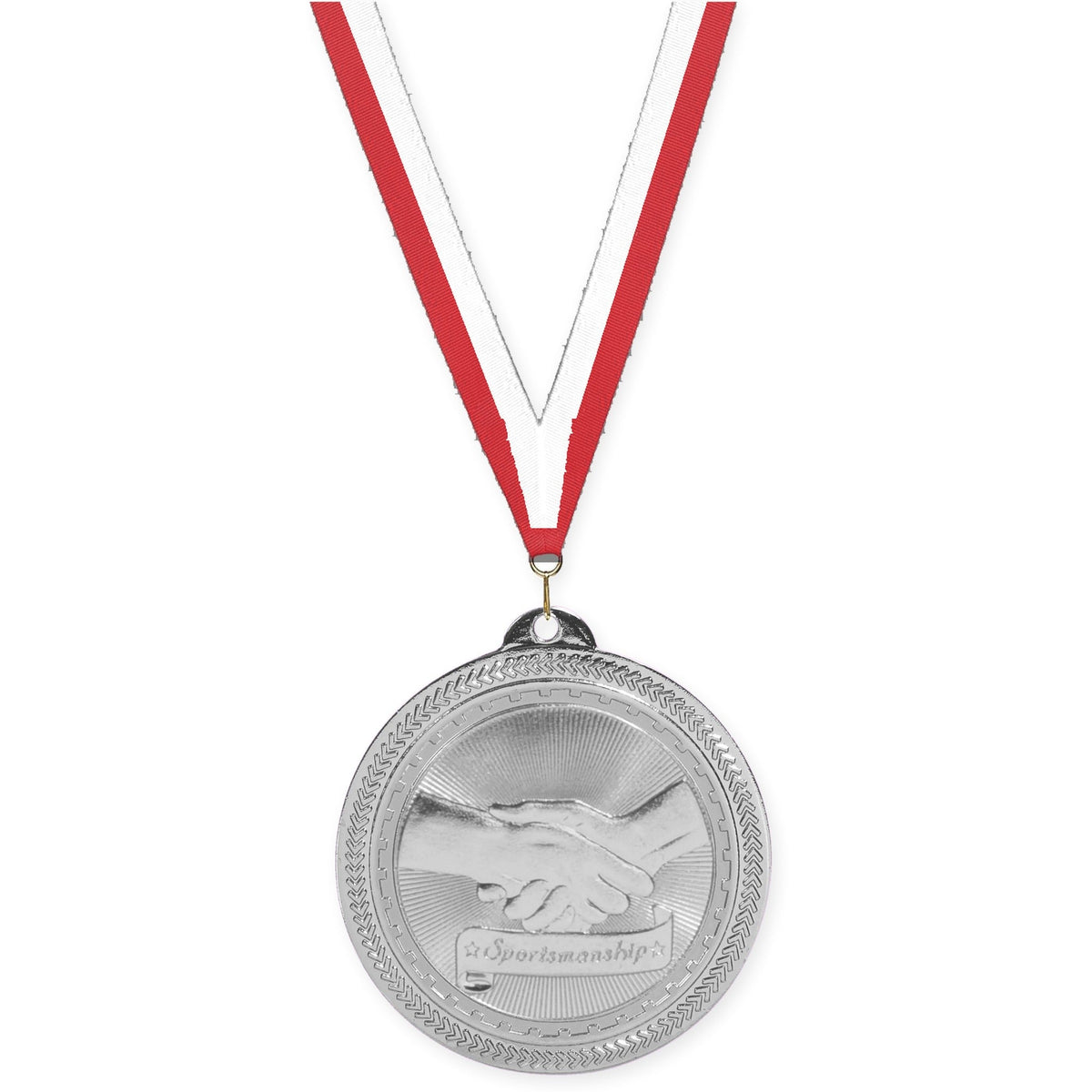 2 inch Sportsmanship Sunburst medal in bright silver with Red White neck ribbon