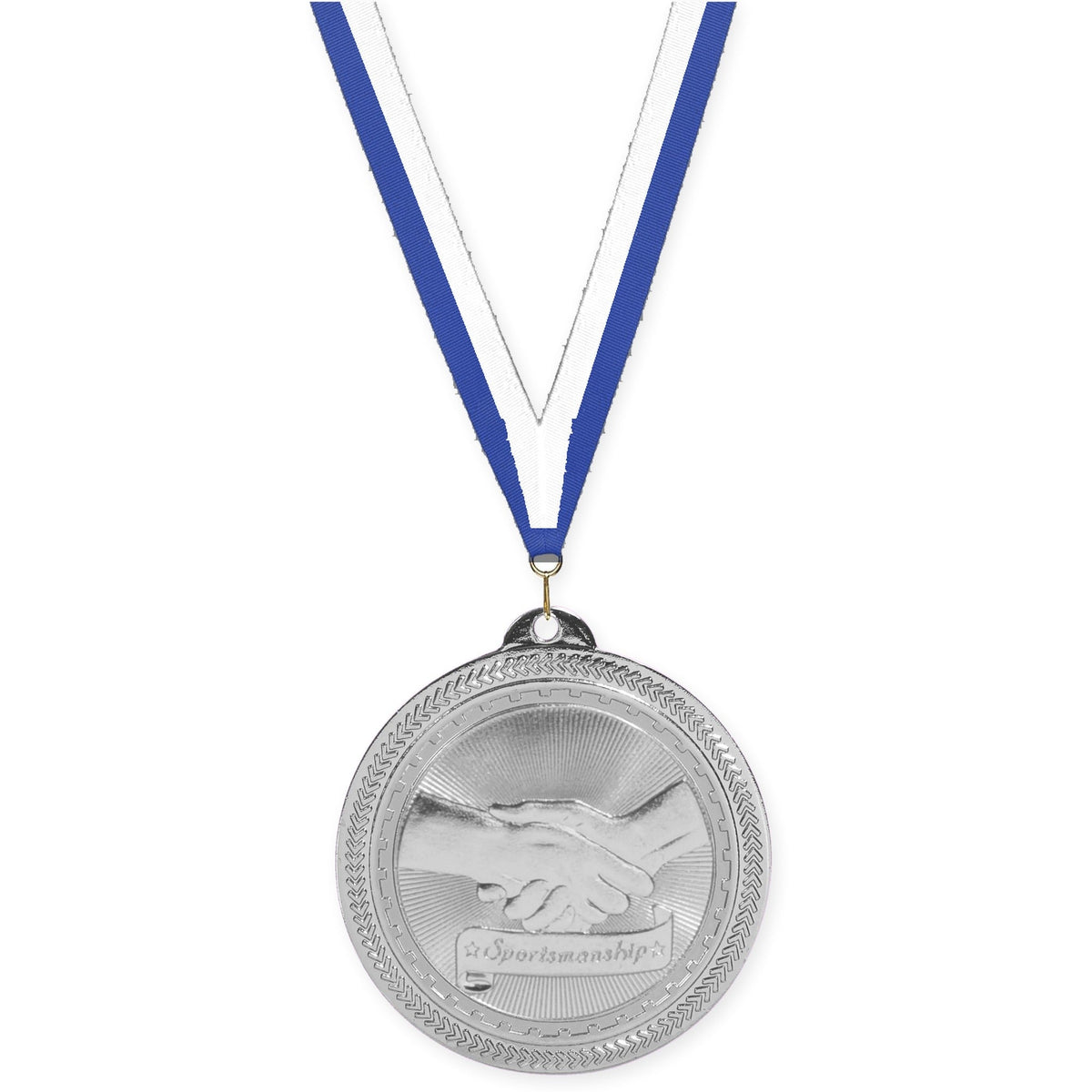2 inch Sportsmanship Sunburst medal in bright silver with Blue White neck ribbon