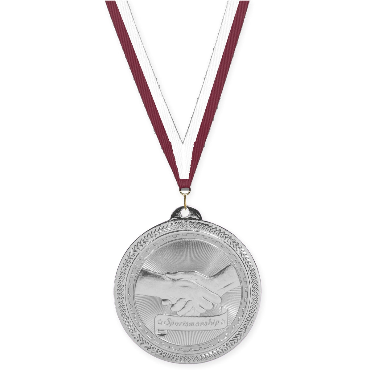 2 inch Sportsmanship Sunburst medal in bright silver with Maroon White neck ribbon