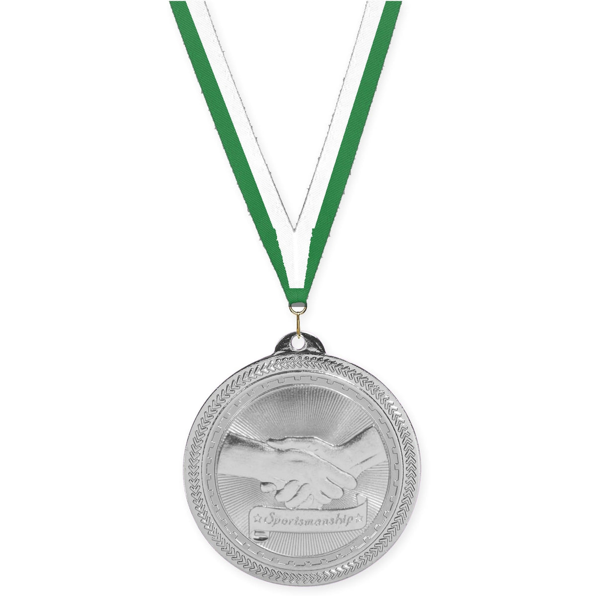 2 inch Sportsmanship Sunburst medal in bright silver with Green White neck ribbon