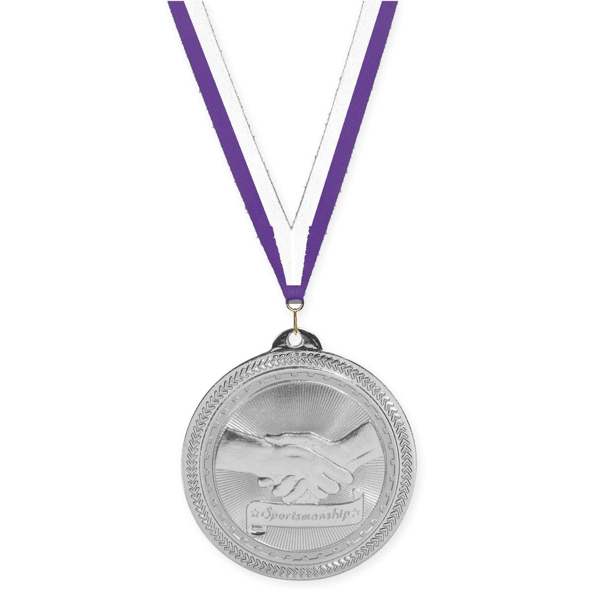 2 inch Sportsmanship Sunburst medal in bright silver with Purple White neck ribbon