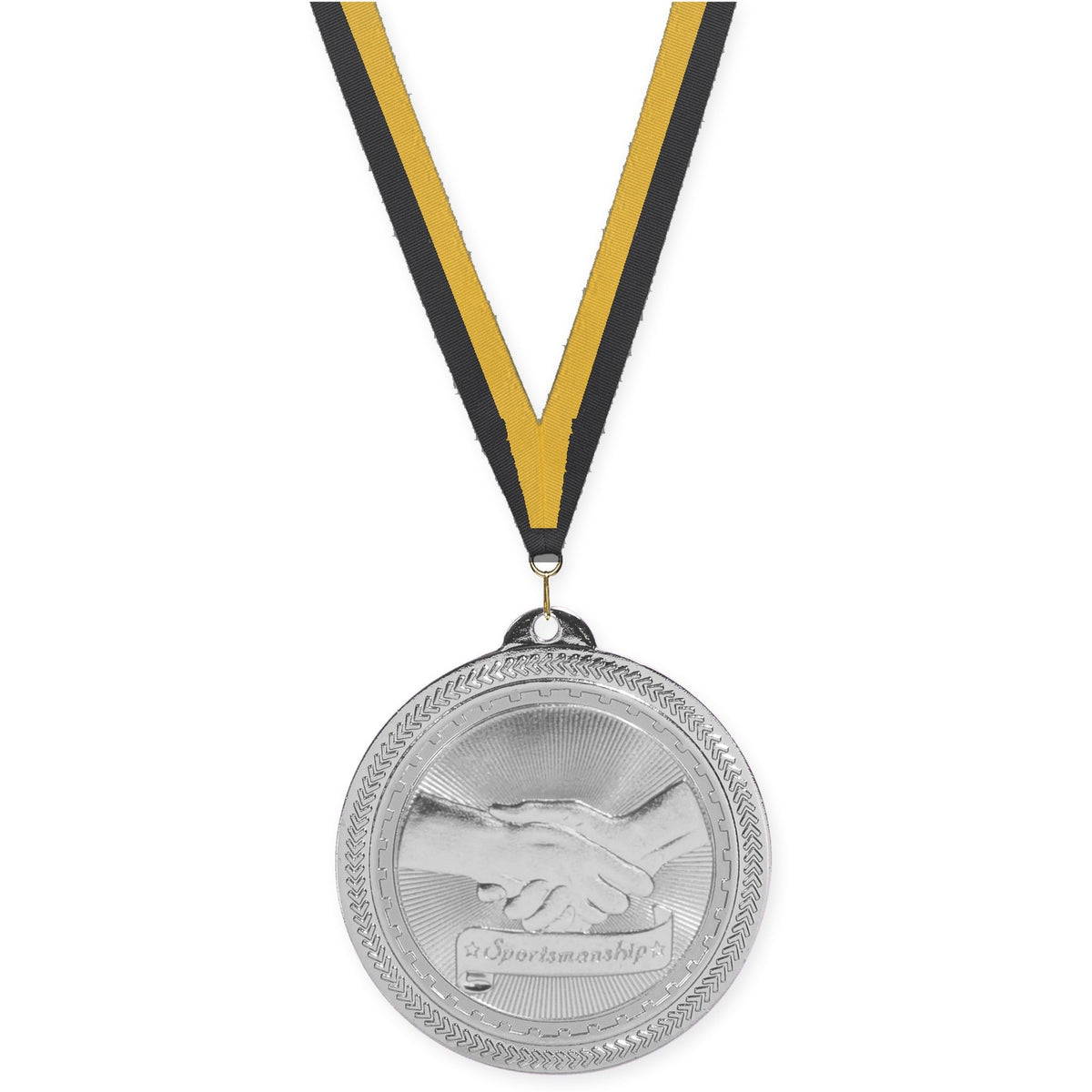 2 inch Sportsmanship Sunburst medal in bright silver with Black Gold neck ribbon