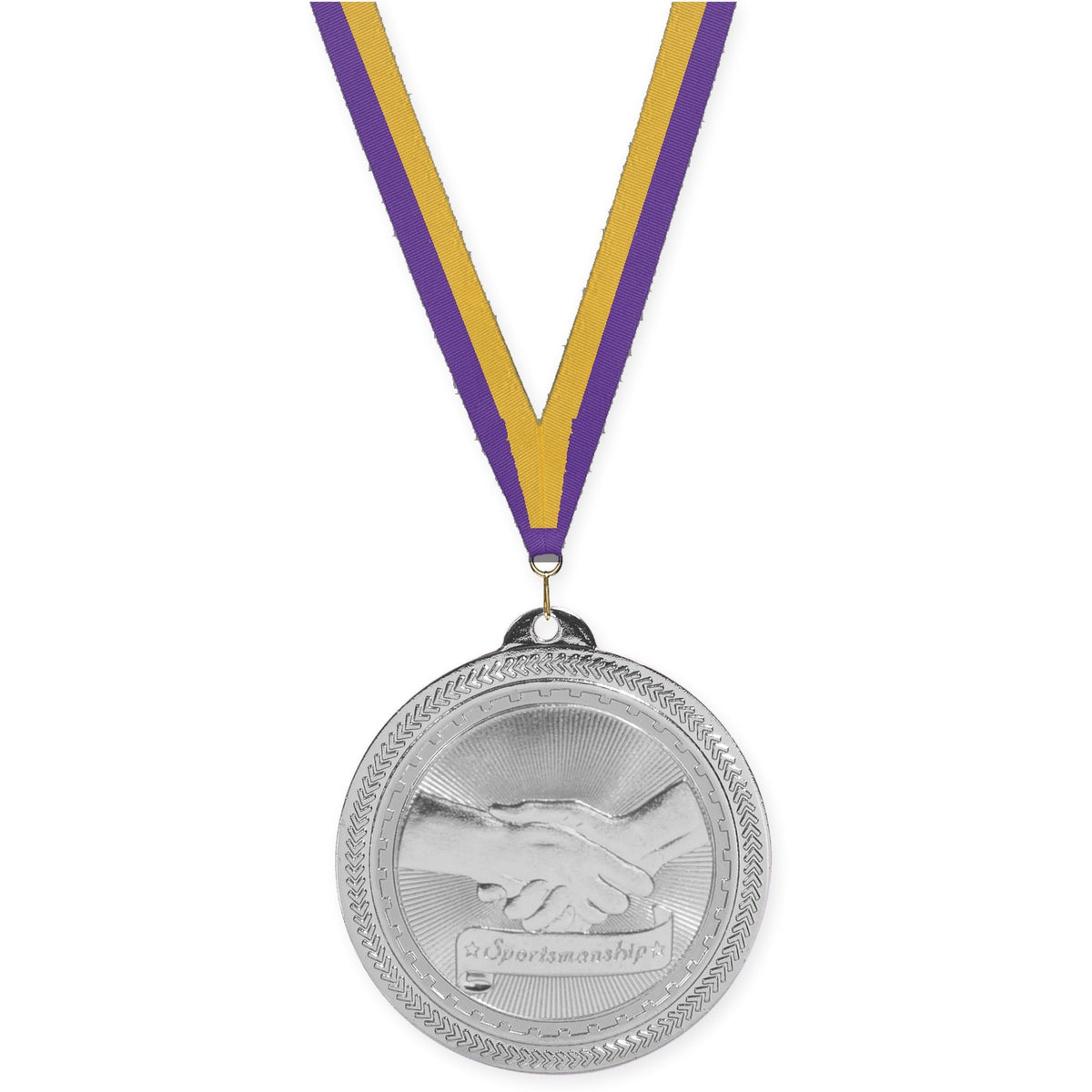 2 inch Sportsmanship Sunburst medal in bright silver with Purple Gold neck ribbon