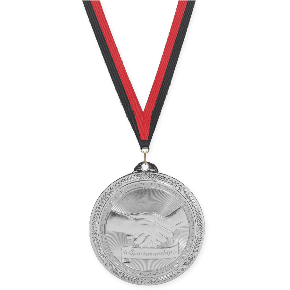 2 inch Sportsmanship Sunburst medal in bright silver with Black Red neck ribbon