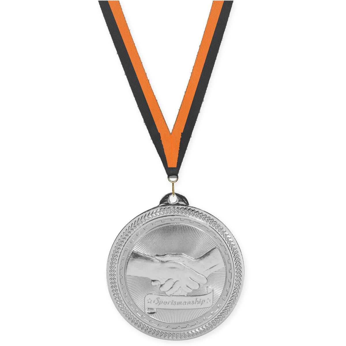 2 inch Sportsmanship Sunburst medal in bright silver with Black Orange neck ribbon