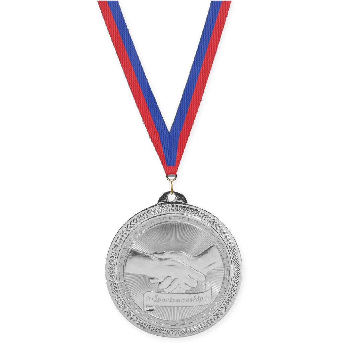 2 inch Sportsmanship Sunburst medal in bright silver with Blue Red neck ribbon