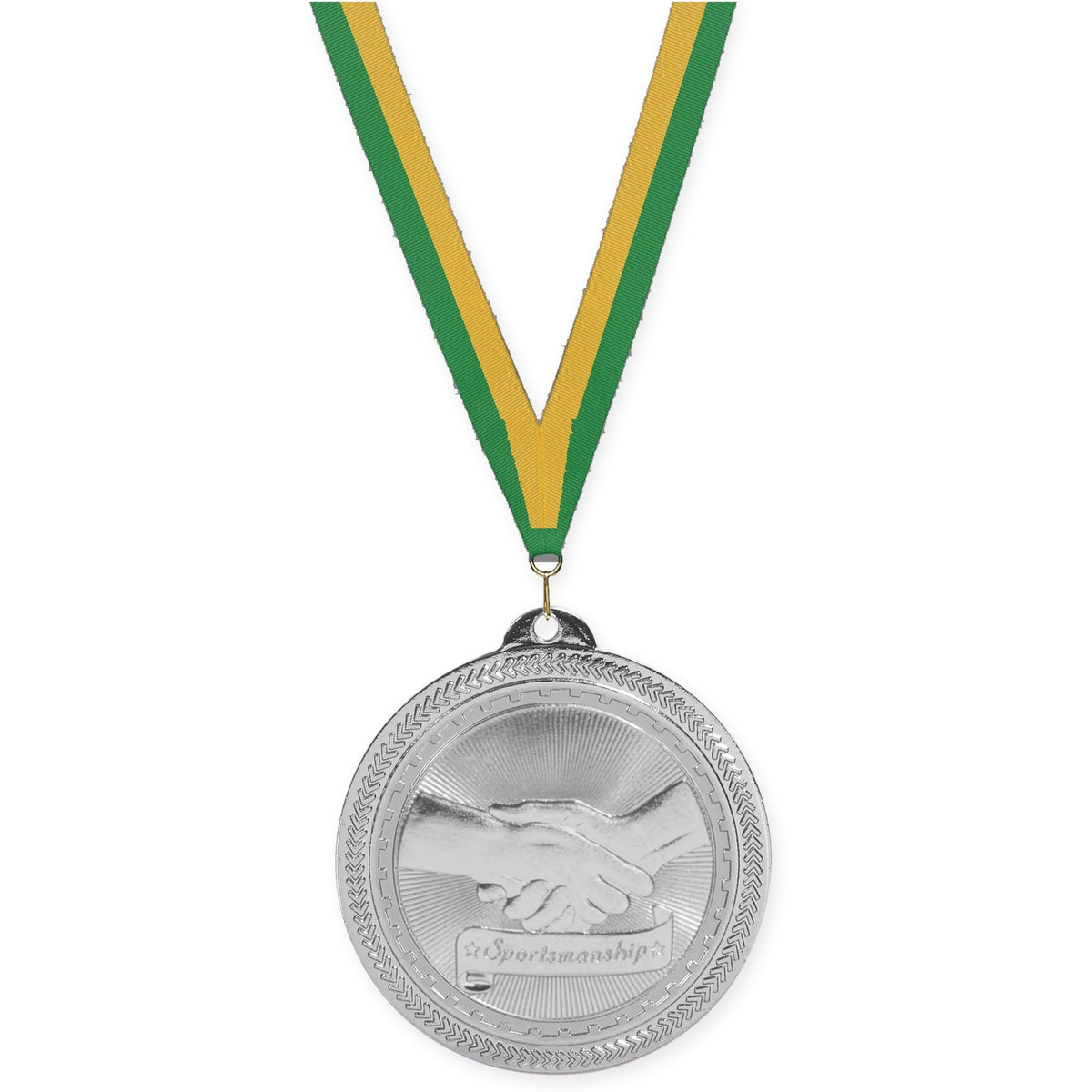 2 inch Sportsmanship Sunburst medal in bright silver with Green Gold neck ribbon