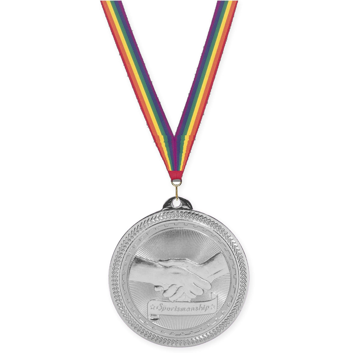 2 inch Sportsmanship Sunburst medal in bright silver with Rainbow neck ribbon