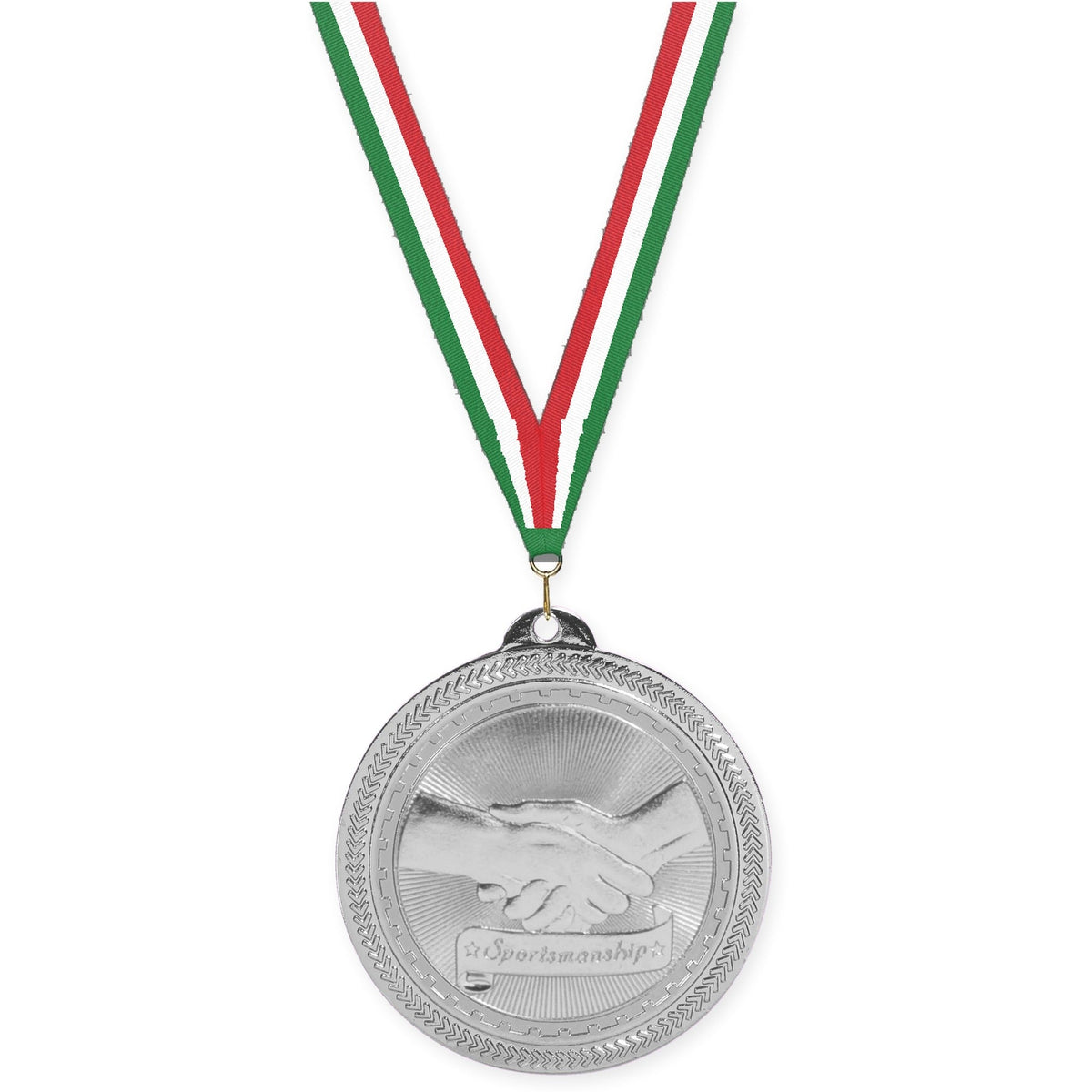2 inch Sportsmanship Sunburst medal in bright silver with Green White Red neck ribbon