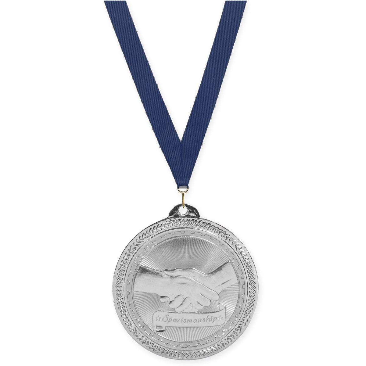 2 inch Sportsmanship Sunburst medal in bright silver with Navy neck ribbon