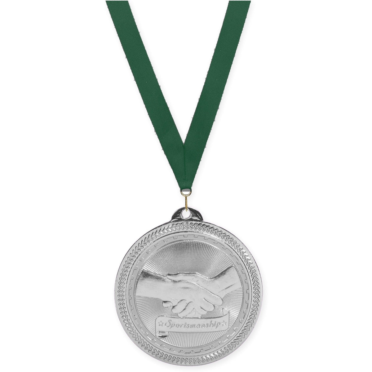 2 inch Sportsmanship Sunburst medal in bright silver with Hunter Green neck ribbon