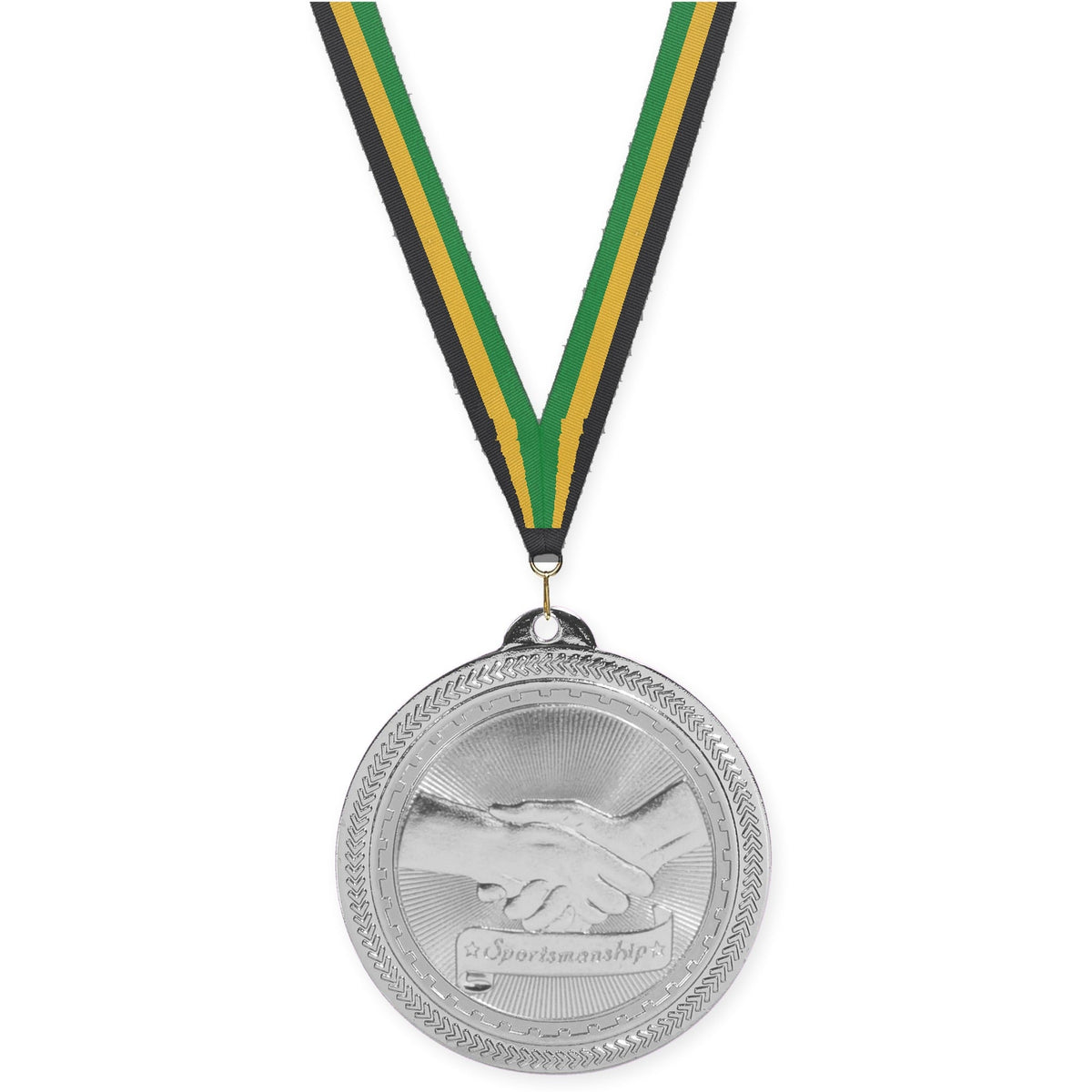 2 inch Sportsmanship Sunburst medal in bright silver with Black Gold Green neck ribbon