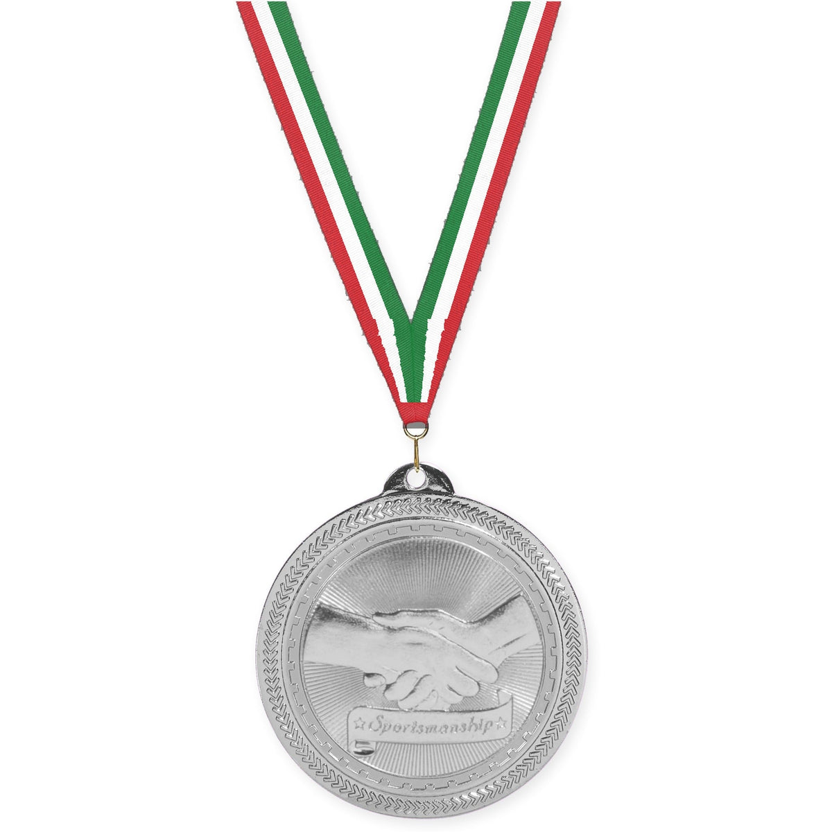 2 inch Sportsmanship Sunburst medal in bright silver with Red White Green neck ribbon