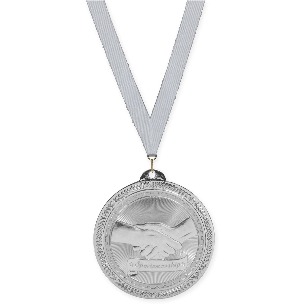 2 inch Sportsmanship Sunburst medal in bright silver with Silver Metallic neck ribbon