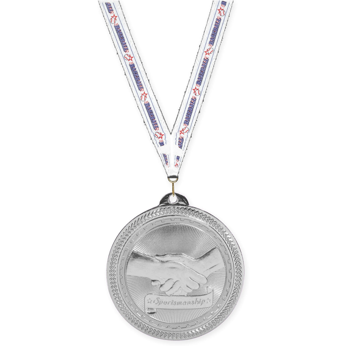 2 inch Sportsmanship Sunburst medal in bright silver with Baseball neck ribbon