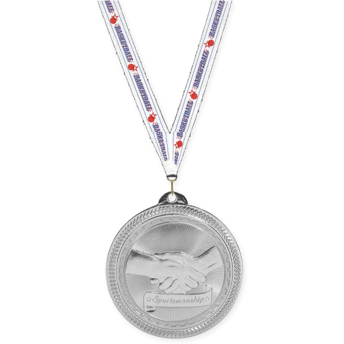 2 inch Sportsmanship Sunburst medal in bright silver with Basketball neck ribbon