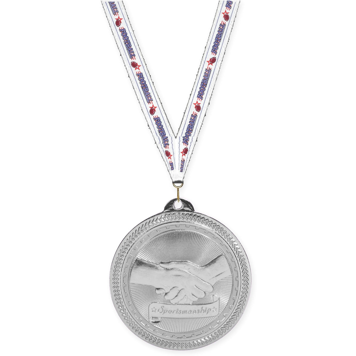 2 inch Sportsmanship Sunburst medal in bright silver with Football neck ribbon