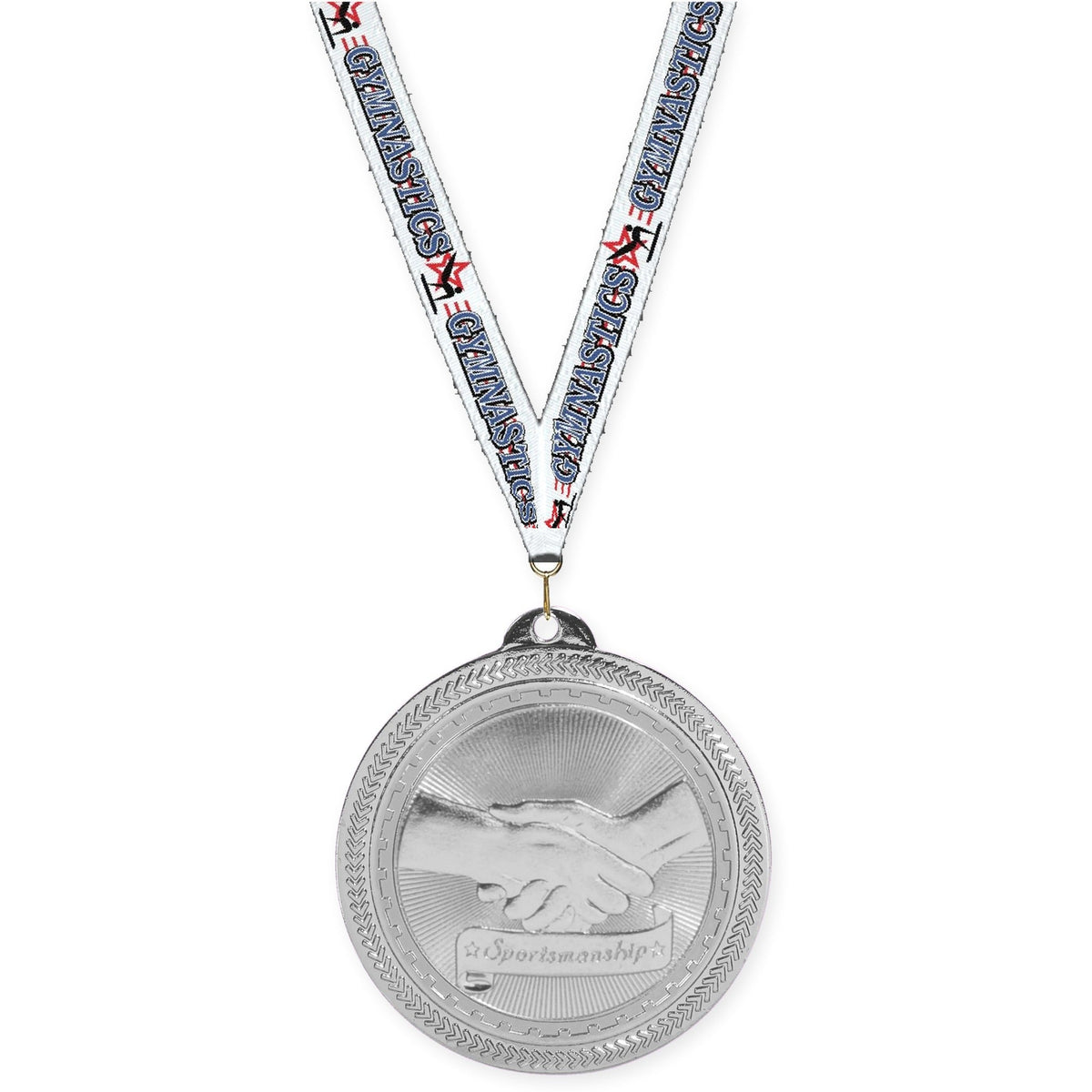 2 inch Sportsmanship Sunburst medal in bright silver with Gymnastics neck ribbon