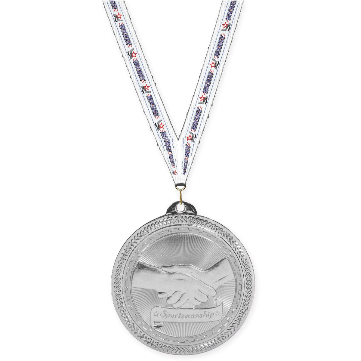 2 inch Sportsmanship Sunburst medal in bright silver with Hockey neck ribbon