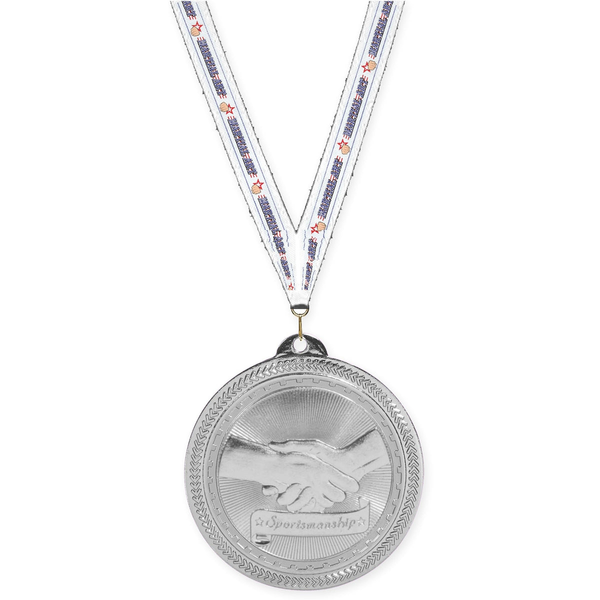 2 inch Sportsmanship Sunburst medal in bright silver with Martial Arts neck ribbon