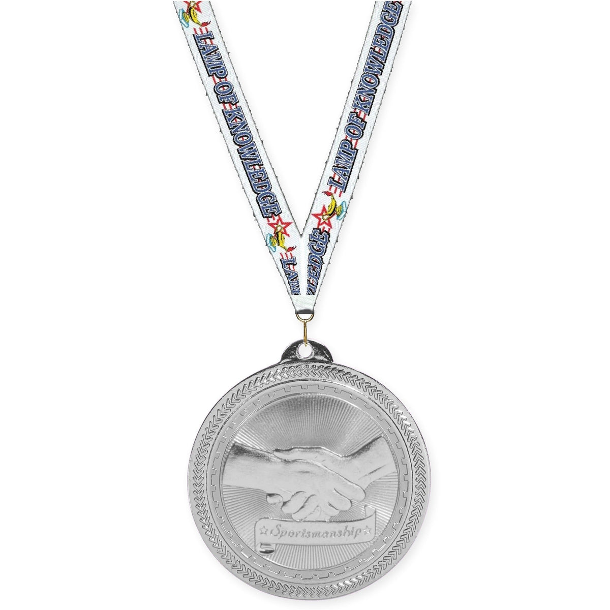 2 inch Sportsmanship Sunburst medal in bright silver with Lamp Of Knowledge neck ribbon